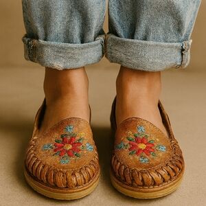 Brown Leather Embroidered Moccasin Loafers